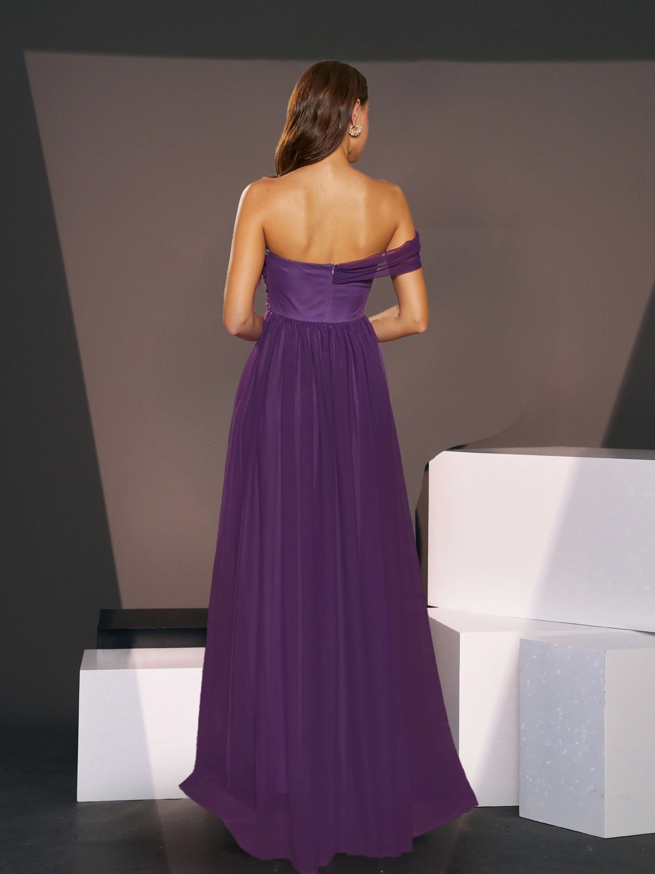 Elegant A-line Off Shoulder Sleeveless Back Zip Floor-Length Prom Dress